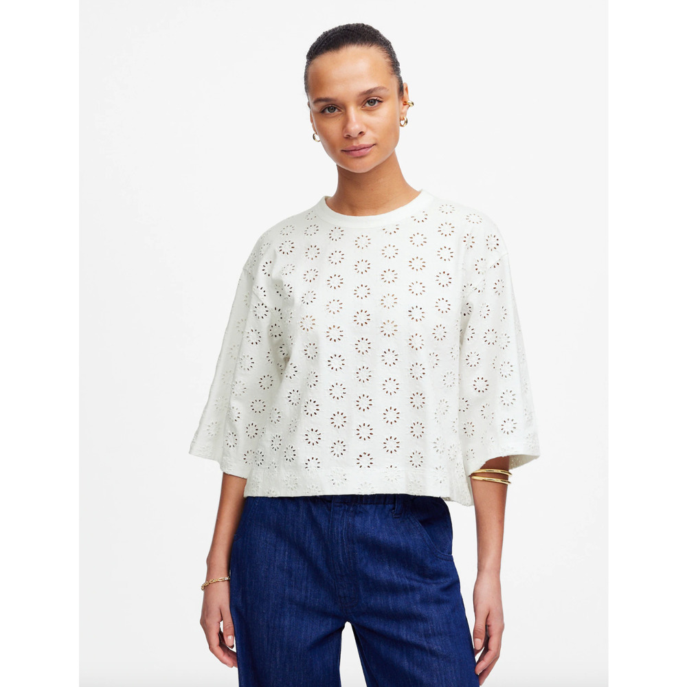 Madewell Embroidered Wide Sleeve Boxy Tee Shirt Relaxed White Cotton XXS NWT
